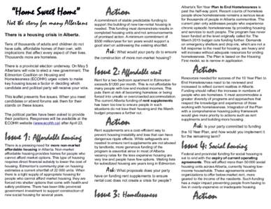 “Home Sweet Home”  Not the story for many Albertans There is a housing crisis in Alberta. Tens of thousands of adults and children do not have safe, affordable homes of their own, with