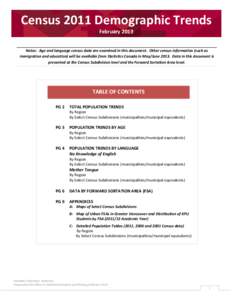 Census 2011 Demographic Trends February 2013 Notes: Age and language census data are examined in this document. Other census information (such as immigration and education) will be available from Statistics Canada in May