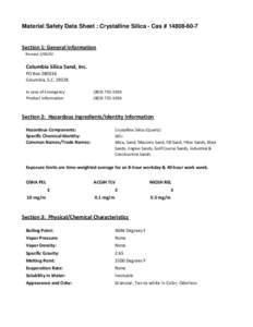 Material Safety Data Sheet : Crystalline Silica - Cas # Section 1: General Information RevisedColumbia Silica Sand, Inc.