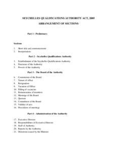 SEYCHELLES QUALIFICATIONS AUTHORITY ACT, 2005 ARRANGEMENT OF SECTIONS Part 1 - Preliminary  Sections