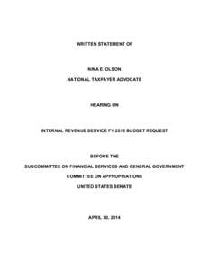 National Taxpayer Advocate Testimony on IRS Budget, Senate Appropriations Committee, April 30, 2014