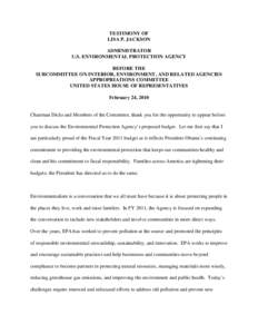 US EPA: OCIR: Testimony of Lisa P. Jackson, Administrator, February 24, 2010