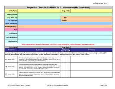 Inspection Checklist for NIH BL3-LS Laboratories (NIH Guidelines)