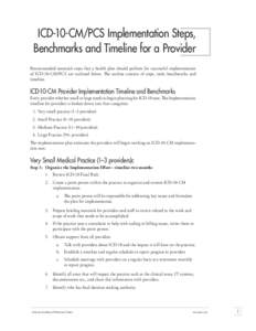 ICD-10-CM/PCS Implementation Steps, Benchmarks and Timeline for a Provider Recommended essentials steps that a health plan should perform for successful implementation of ICD-10-CM/PCS are outlined below. The outline con