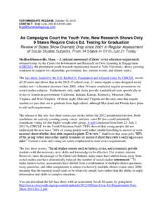 FOR IMMEDIATE RELEASE: October 10, 2012 CONTACT: Brad Luna, [removed]cell) [removed]  As Campaigns Court the Youth Vote, New Research Shows Only