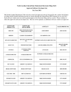 North Carolina Federal/State Modernized Electronic Filing (MeF) Approved Software Developer List Tax Year 2013 The North Carolina Department of Revenue has tested and approved software designed by the vendors listed belo