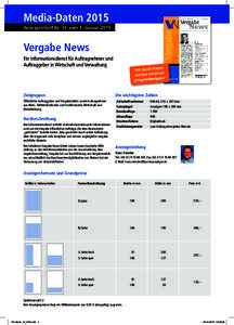 Media-Daten 2015 Anzeigentarif Nr. 14 vom 1. Januar 2015 Vergabe News Ein Informationsdienst für Auftragnehmer und Auftraggeber in Wirtschaft und Verwaltung