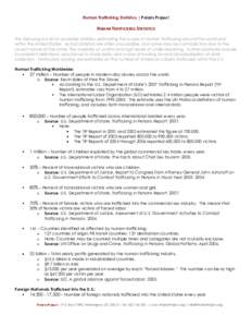 Human Trafficking Statistics | Polaris Project  HUMAN TRAFFICKING STATISTICS The following is a list of available statistics estimating the scope of Human Trafficking around the world and within the United States. Actual