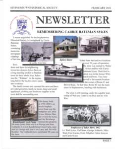 STEPHENTOWN HISTORICAL SOCIETY  FEBRUARY 2012 NEWSLETTER REMEMBERING CARRIE BATEMAN SYKES