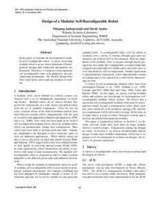 Proc[removed]Australian Conference on Robotics and Automation Sydney, 14-15 November 2001 Design of a Modular Self-Reconfigurable Robot Pakpong Jantapremjit and David Austin Robotic Systems Laboratory