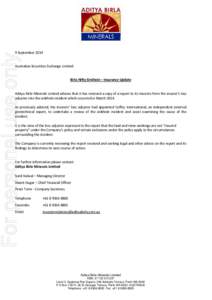 For personal use only  9 September 2014 Australian Securities Exchange Limited Birla Nifty Sinkhole – Insurance Update