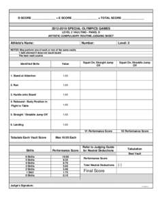 D SCORE _______________ + E SCORE ________________ = TOTAL SCORE ______________[removed]SPECIAL OLYMPICS GAMES LEVEL 2 VAULTING - PANEL D ARTISTIC COMPULSORY ROUTINE JUDGING SHEET