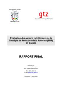 République de Guinée  Coopération Technique Allemande Ministère du Plan  Evaluation des aspects nutritionnels de la