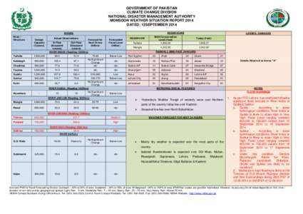 GOVERNMENT OF PAKISTAN CLIMATE CHANGE DIVISION NATIONAL DISASTER MANAGEMENT AUTHORITY MONSOON WEATHER SITUATION REPORT 2014 DATED: 13SEPTEMBER 2014 RESERVOIRS