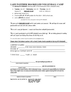 LADY PANTHER 2014 SKILLED VOLLEYBALL CAMP The Spring Hill Volleyball coaching staff will be hosting the 2014 volleyball camp.  Tuesday, July[removed]Wednesday, July[removed]Thursday, July 24 Session II