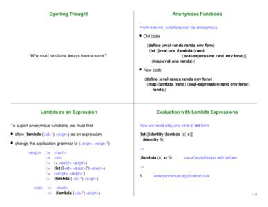 Opening Thought  Anonymous Functions From now on, functions can be anonymous Old code (define (eval-rands rands env fenv)