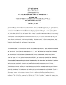 US EPA: OCIR: Testimony of Lisa P. Jackson, Administrator, February 23, 2010