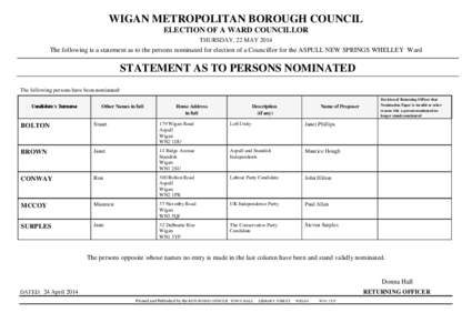 WIGAN METROPOLITAN BOROUGH COUNCIL ELECTION OF A WARD COUNCILLOR THURSDAY, 22 MAY 2014 The following is a statement as to the persons nominated for election of a Councillor for the ASPULL NEW SPRINGS WHELLEY Ward