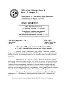 Office of the Attorney General Robert E. Cooper, Jr. Department of Commerce and Insurance Commissioner Paula Flowers  NEWS RELEASE