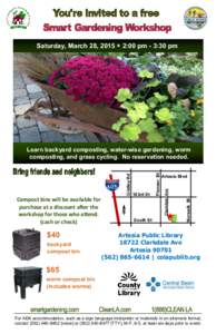 Saturday, March 28, 2015  2:00 pm - 3:30 pm  $40 backyard compost bin