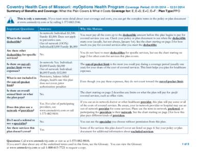 Coventry Health Care of Missouri: myOptions Health Program  Coverage Period: [removed] – [removed]Summary of Benefits and Coverage: What this Plan Covers & What it Costs Coverage for: E; E+S; E+C; E+F | Plan Type:PP