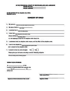 IN THE PROVINCIAL COURT OF NEWFOUNDLAND AND LABRADOR COURT FILE No: COURT CENTRE: IN THE MATTER OF the Adoption Act, 2013, SNL2013 cA-3.1