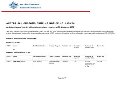 AUSTRALIAN CUSTOMS DUMPING NOTICE NO[removed]Anti-dumping and countervailing actions - status report as at 30 September 2008 This notice updates Australian Customs Dumping Notice (ACDN) No[removed]and is part of a mont
