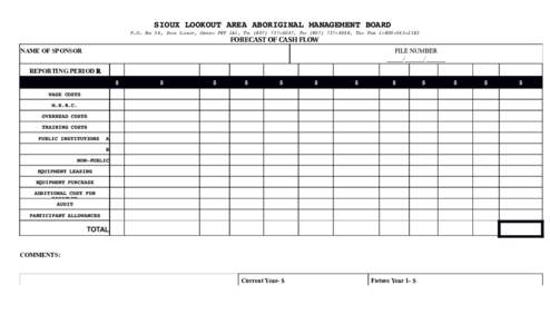 SIOUX LOOKOUT AREA ABORIGINAL MANAGEMENT BOARD  P.O. BOX 56, SIOUX LOOKOUT, ONTARIO P8T 1A1, TEL (807) 737­4047, FAX (807) 737­4048, TOLL FREE 1­800­563­2183 FORECAST OF CASH FLOW  NAME OF 