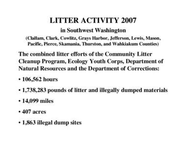 LITTER ACTIVITY 2007 in Southwest Washington (Clallam, Clark, Cowlitz, Grays Harbor, Jefferson, Lewis, Mason, Pacific, Pierce, Skamania, Thurston, and Wahkiakum Counties)  The combined litter efforts of the Community Lit
