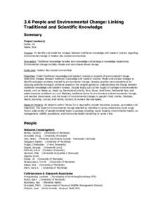 3.6 People and Environmental Change: Linking Traditional and Scientific Knowledge Summary Project Leader(s) Oakes, Jill Riewe, Rick