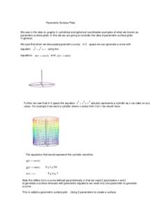 Parametric Surface Plots  We saw in the labs on graphs in cylindrical and spherical coordinates examples of what are known as parametric surface plots. In this lab we are going to consider the idea of parametric surface 