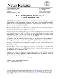 News Release  U.S. Department of Labor Office of Public Affairs Chicago Release Number[removed]CHI