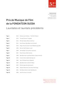    Prix de Musique de Film de la FONDATION SUISA Lauréates et lauréats précédents Page 1