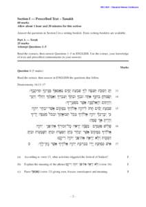 HSCClassical Hebrew Continuers  Section I — Prescribed Text – Tanakh 60 marks Allow about 1 hour and 20 minutes for this section Answer the questions in Section I in a writing booklet. Extra writing booklets 