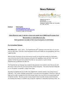 News Release  AmpleHarvest.org, Inc. 24 Clover Rd Newfoundland, NJ[removed]Telephone: AMPLE[removed]9880)