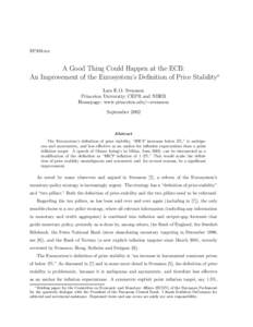 EP209.tex  A Good Thing Could Happen at the ECB: An Improvement of the Eurosystem’s Definition of Price Stability∗ Lars E.O. Svensson Princeton University, CEPR and NBER