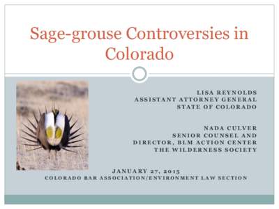 Sage-grouse Controversies in Colorado LISA REYNOLDS ASSISTANT ATTORNEY GENERAL STATE OF COLORADO