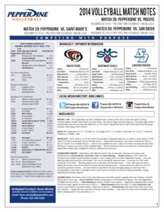 2014 Volleyball Match Notes MATCH 28: Pepperdine vs. Pacific November 20, 2014 | 7 PM | Firestone Fieldhouse | Malibu, Calif.  MATCH 29: Pepperdine vs. Saint Mary’s