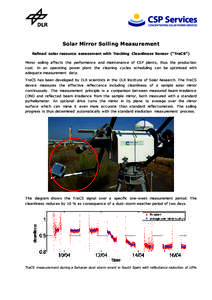 Solar Mirror Soiling Measurement Refined solar resource assessment with Tracking Cleanliness Sensor (“TraCS”) Mirror soiling affects the performance and maintenance of CSP plants, thus the production cost. In an oper