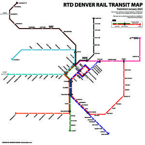 RTD DENVER RAIL TRANSIT MAP  LONGMONT TC GUNBARREL  Published January 2025