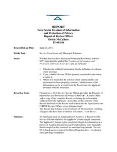 REPORT Nova Scotia Freedom of Information and Protection of Privacy Report of Review Officer Dulcie McCallum FI[removed]