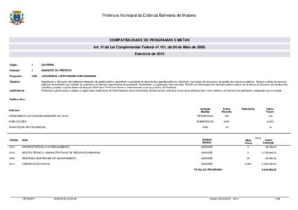 Prefeitura Municipal da Estância Balneária de Ilhabela  COMPATIBILIDADE DE PROGRAMAS E METAS Art. 5º da Lei Complementar Federal nº 101, de 04 de Maio deExercício de 2015 Órgão :