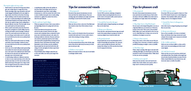 The main right-of-way rules -	 Small vessels, i.e. less than 20 m long, must always give way to large ships (i.e. longer than 20 m). Ferries, passenger ships, tugs and pusher craft, and vessels engaged in fishing have th