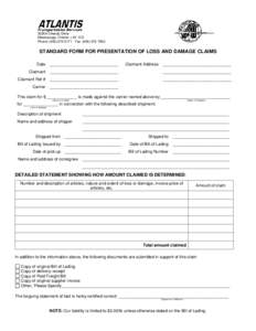 STANDARD FORM FOR PRESENTATION OF LOSS AND DAMAGE CLAIMS