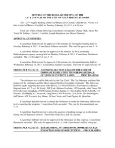 MINUTES OF THE REGULAR MEETING OF THE CITY COUNCIL OF THE CITY OF GULF BREEZE, FLORIDA The 1,218th regular meeting of the Gulf Breeze City Council, Gulf Breeze, Florida was held at the Gulf Breeze City Hall on Tuesday, F