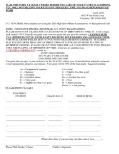 MAIL THIS FORM AT LEAST 2 WEEKS BEFORE THE DATE OF YOUR STUDENTS AUDITIONS. YOU WILL NOT RECEIVE YOUR STUDENT CRITIQUES UNTIL YOU HAVE RETURNED THIS FORM April, Warm Stone Court Columbia, MD
