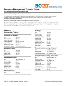 Business Management Transfer Guide This data applies to the[removed]academic year. For transfer between colleges, university colleges and institutes. For equivalencies involving Kwantlen Polytechnic University, Universit