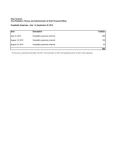 Dean Cosman Vice-President, Finance and Administration & Chief Financial Officer Hospitality Expenses - July 1 to September 30, 2012 Date