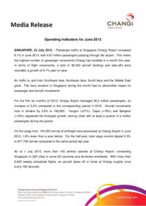 Media Release Operating Indicators for June 2013 SINGAPORE, 23 July 2013 – Passenger traffic at Singapore Changi Airport increased 6.1% in June 2013, with 4.67 million passengers passing through the airport. This marks