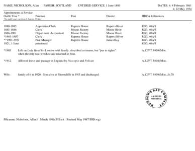 NAME: NICHOLSON, Allan[removed]PARISH: SCOTLAND[removed]ENTERED SERVICE: 1 June 1880